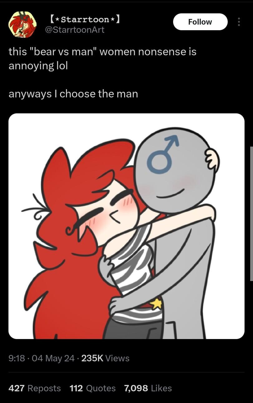 ﻿[*Starrtoon*] @StarrtoonArt Follow this "bear vs man" women nonsense is annoying lol anyways I choose the man 9:18 • 04 May 24 • 235K Views 427 Reposts 112 Quotes 7,098 Likes • • •,Смешные комиксы,веб-комиксы с юмором и их переводы,starrtoonArt,женщина,мужчина,здоровые отношения,ментальное