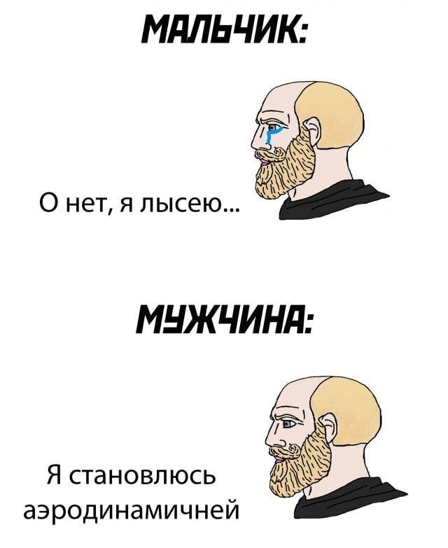 ﻿мальчик: О нет, я лысею... МЫЖЧИНЙ: Я становлюсь аэродинамичней,Мемы,Мемосы, мемасы, мемосики, мемесы,мальчик,мужчина,Nordic Gamer,Yes Chad,лысина