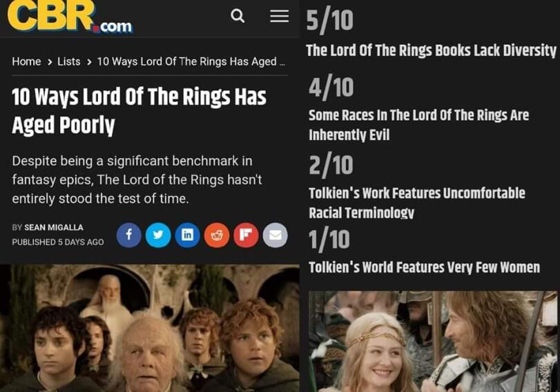 ﻿ Q Home > Lists > 10 Ways Lord Of The Rings Has Aged ... 10 Ways Lord Of The Rings Has Aged Poorly Despite being a significant benchmark in fantasy epics, The Lord of the Rings hasn't entirely stood the test of time. BY SEAN MIGALLA PUBLISHED 5 DAYS AGO f If El d F B 5/10 The Lord Of The