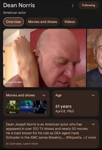 ﻿Following Dean Norris American actor (Overview) Movies and shows Videos Movies and shows >/ Age 61 years April 8,1963 V Dean Joseph Norris is an American actor who has v appeared in over 100 TV shows and nearly 50 movies. He is best known for his role as DEA agent Hank Schrader in the