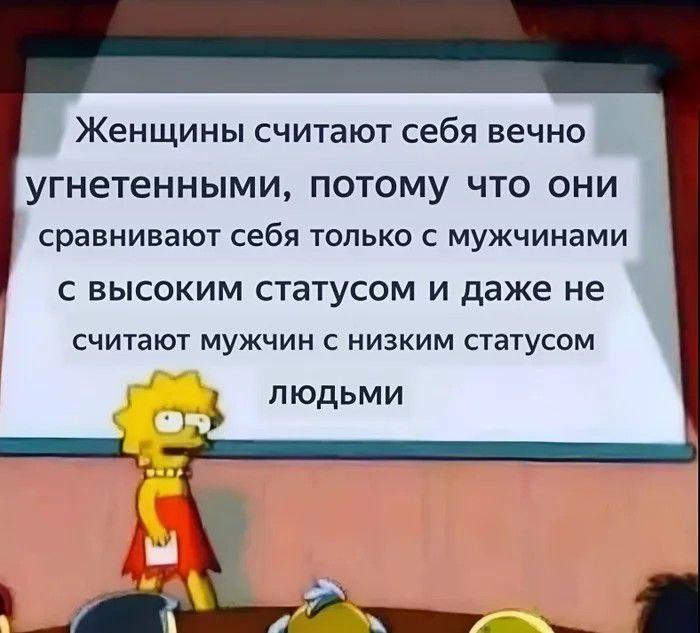 ﻿Женщины считают себя вечно угнетенными, потому что они сравнивают себя только с мужчинами с высоким статусом и даже не считают мужчин с низким статусом людьми,женщины,мужчины,лиза симпсон,The Simpsons,Симпсоны,Мультфильмы,Мультсериалы, Cartoons,нытье,отношения