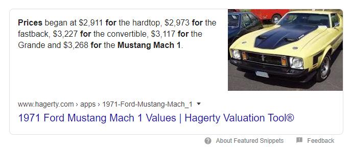 ﻿Prices began at $2,911 for the hardtop, $2,973 for the fastback, S3:227 for the convertible, S3,117 for the Grande and $3,268 for the Mustang Mach 1. www.hagerty.com > apps > 1971-Ford-Mustang-Mach_1 ▼ 1971 Ford Mustang Mach 1 Values | Hagerty Valuation Tool® © About Featured Snippets