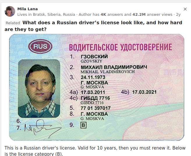 киноляп,Сериалы Mila Lana X Lives in Bratsk. Siberia, Russia • Author has 4K answers and 42.2M answer views • 2y Related What does a Russian driver's license look like, and how hard are they to get? / i i ГЗОВСКИИ GZOVSKIY МИХАИЛ ВЛАДИМИРОВИЧ MIKHAIL VLADIMIROVICH 24.11.1973 Г. МОСКВА G. MOSKVA