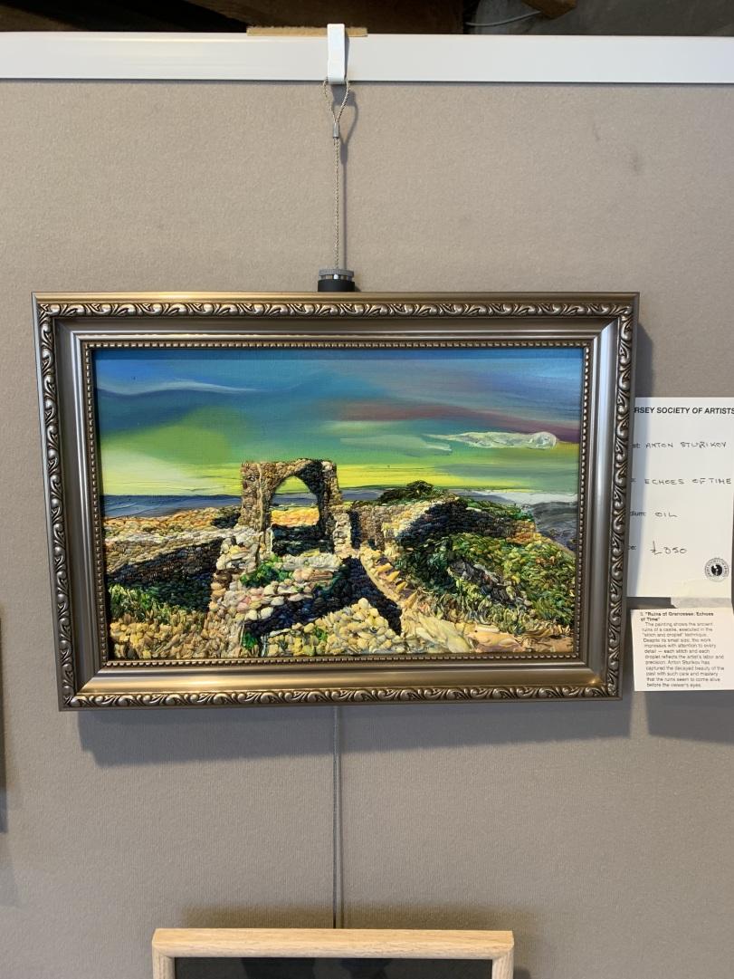 ﻿ SEY SOCIETY OF ARTIST t: "ST KcV 3 "Ruins o1 Grancessa. Echoes of Time The painting shows the ancient ruins ot a castle. executed in the "stitch and droplet' technique Despite its small size the work impresses with attention to every detail — each stitch and each droplet reflects the