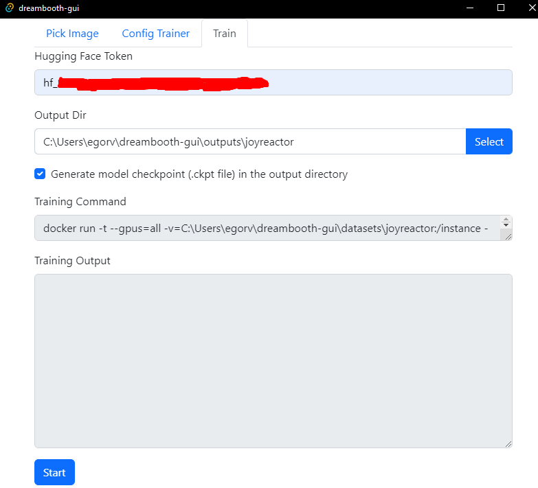 ﻿0 dreambooth-gui □ X Pick Image Config Trainer Train Hugging Face Token Output Dir C:\Users\egorv\dreambooth-gui\outputs\joyreactor Select B Generate model checkpoint (.ckpt file) in the output directory Training Command docker run -t —gpus=all