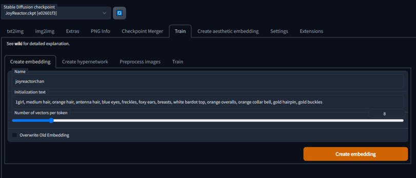 ﻿Stable Diffusion checkpoint JoyReactor.ckpt [e02601f3] txt2img img2img Extras PNG Info Checkpoint Merger Train Create aesthetic embedding Settings Extensions See wiki for detailed explanation. Create embedding Create hypernetwork Preprocess images Train,нейросети,нейромазня,Stable
