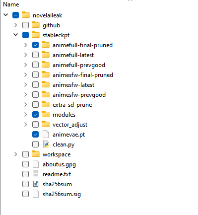 ﻿Name > □ > > > > > > > > > > □ □ □ □ □ novelaileak github stableckpt Q animefull-final-pruned □ animefull-latest □ animefull-prevgood □ animesfw-final-pruned □ animesfw-latest □ animesfw-prevgood □ extra-sd-prune Q modules O vector_adjust Q animevae.pt □ clean.py workspace