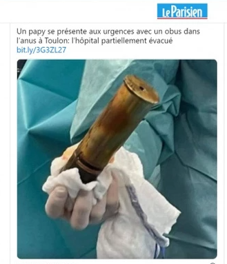 ﻿Un papy se présente aux urgences avec un obus dans l'anus à Toulon: I hôpital partiellement évacué bit.ly/3G3ZL27,новости,деды воевали,Франция,страны,снаряд