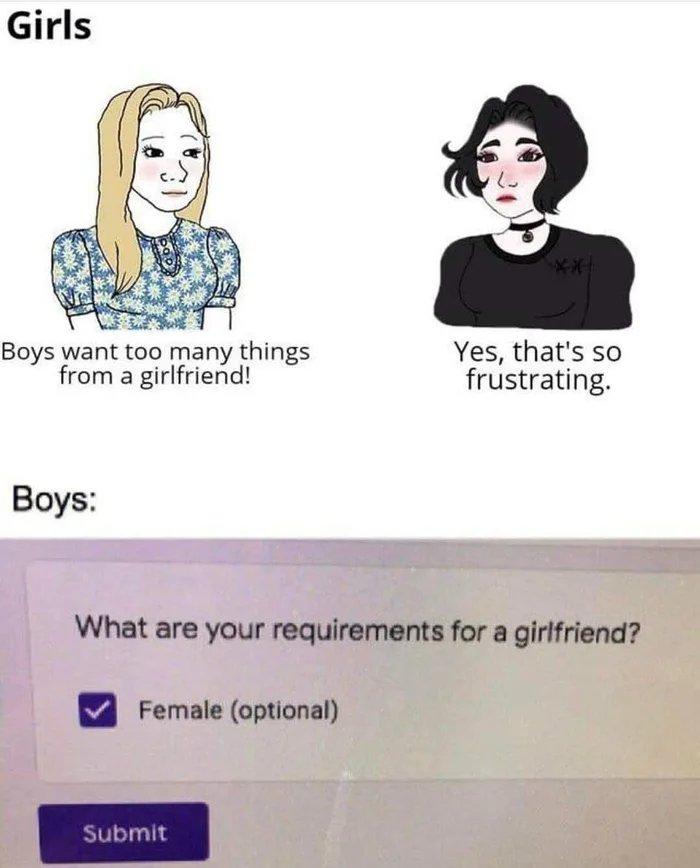 ﻿Girls Boys want too many things from a girlfriend! Yes, that's so frustrating. Boys: What are your requirements for a girlfriend? Q Female (optional) Submit,отношения,Doomer Girl,Wojak,Вояк,Мемы,Мемосы, мемасы, мемосики, мемесы,мужчины vs женщины,подруга,Nordic Gamer,Yes Chad