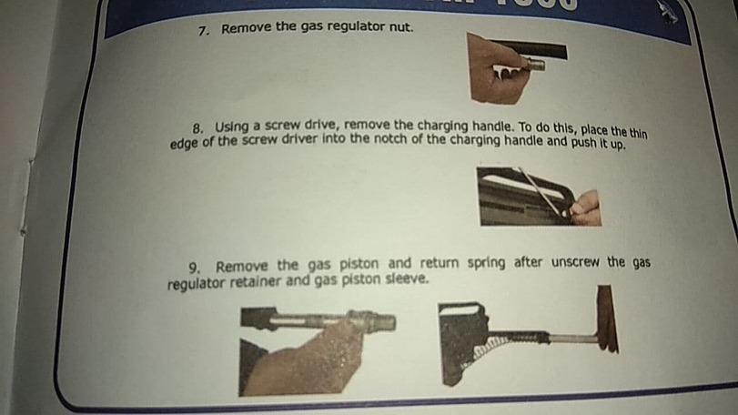 ﻿7. Remove the gas regulator nut. edge 8. Using a screw drive, remove the charging handle. To do this, place th* vki e of the screw driver Into the notch of the charging handle and push It up ™ 9. Remove the gas piston and return spring after unscrew the gas regulator retainer and gas piston
