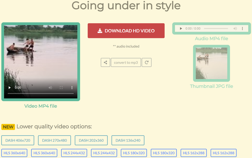 ﻿Going under in style Video MP4 file ± DOWNLOAD HD VIDEO ** audio included < convert to mp3 e Thumbnail JPG file new Lower quality video options: DASH 406x720 DASH 270x480 DASH 202x360 DASH 136x240 HLS 360x640 HLS 360x640 HLS 244x432 HLS 244x432 HLS 180x320 HLS 180x320 HLS 162x288 HLS
