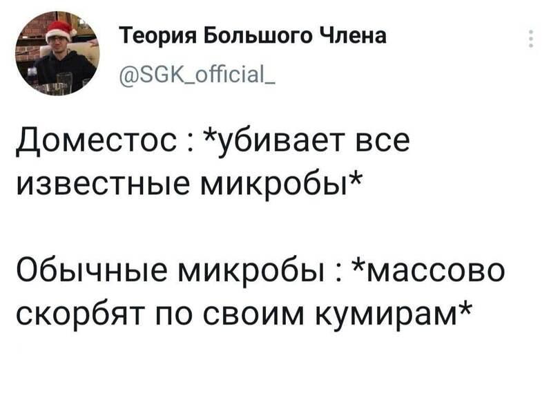 ﻿Теория Большого Члена @8СК_оА!аа1_ Доместос: *убивает все известные микробы* Обычные микробы : *массово скорбят по своим кумирам*,твиттер,интернет,смехуечки