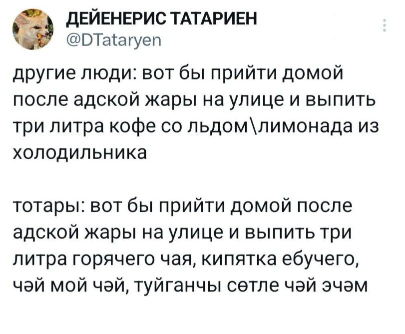 ﻿ДЕЙЕНЕРИС ТАТАРИЕЙ (ЮТа1агуеп другие люди: вот бы прийти домой после адской жары на улице и выпить три литра кофе со льдом\лимонада из холодильника тотары: вот бы прийти домой после адской жары на улице и выпить три литра горячего чая, кипятка ебучего, чэй мой чэй, туйганчы сетле чэй