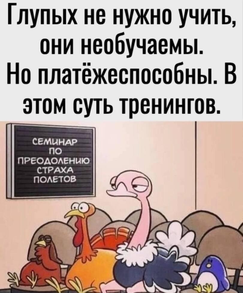 ﻿Глупых не нужно учить, они необучаемы. Но платёжеспособны. В этом суть тренингов. СЕМИНАР ПО ПРЕОДОЛЕНИЮ СТРАХА ПОЛЕТОВ,тренинги,смешные картинки,фото приколы,семинары,Страус,птицы