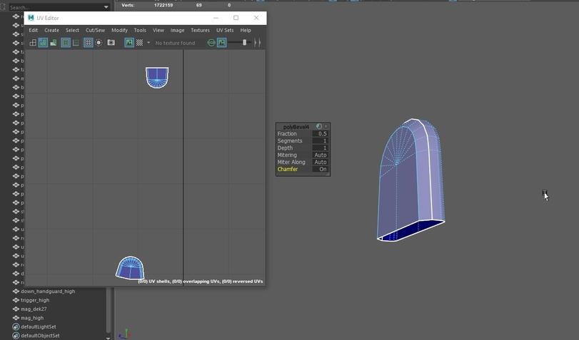 ﻿Search...Verts:172215969M UV Editor□ XEdit Create Select Cut/Sew Modify Tools View Image Textures UV Sets Helpsi dB pu ¿I 1t<polyBevel4	Fraction	0.5Segments	1Depth	1Mitering	AutoMiter Along	AutoChamfer	On[i ■	•Î* down_handguard_high ♦Î* trigger_high ♦Î* mag_dek27