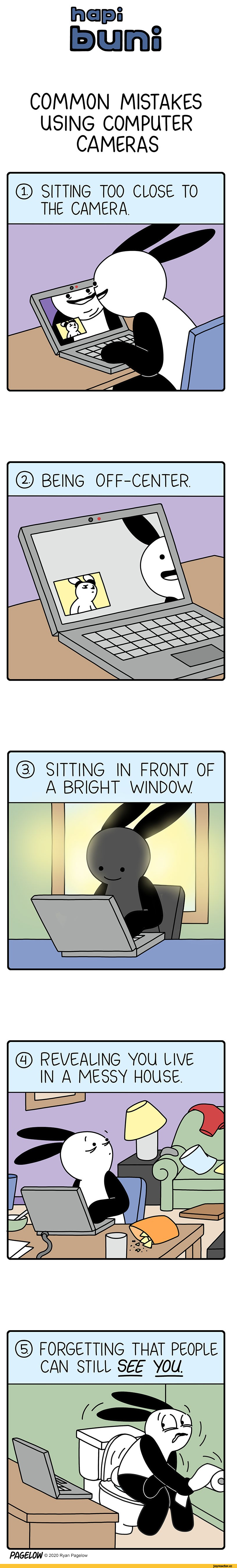 ﻿nieps BQfllntö COMMON MISTAKES USING COMPUTER CAMERAS © SITTING IN FRONT OF A BRIGHT WINDOW PA6EL0W © 2020 Ryan Pagelow,Buni,Смешные комиксы,веб-комиксы с юмором и их переводы,Hapi Buni,без перевода,ноутбук,buni,comics,hapi buni,laptop,смешные комиксы