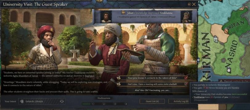 ﻿University Visit: The Guest Speaker"Students, we have an esteemed speaker joining us today!" My teacher Youkhanna exclaims. "Lerw welcome Aeha Muaddam of Sarsar — the utmost authority on Ash'ari doctrine in Baghdad."Greetings Muaddam starts solemnly, while shrugging. Today we will be exploring