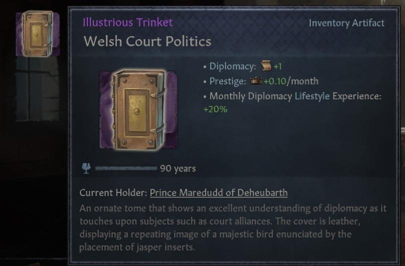 ﻿Illustrious TrinketWelsh Court PoliticsInventory Artifact*	Diplomacy: § +1*	Prestige: +0.10/month*	Monthly Diplomacy Lifestyle Experience:+20%90 yearsCurrent Holder: Prince Maredudd of DeheubarthAn ornate tome that shows an excellent understanding of diplomacy as it touches upon