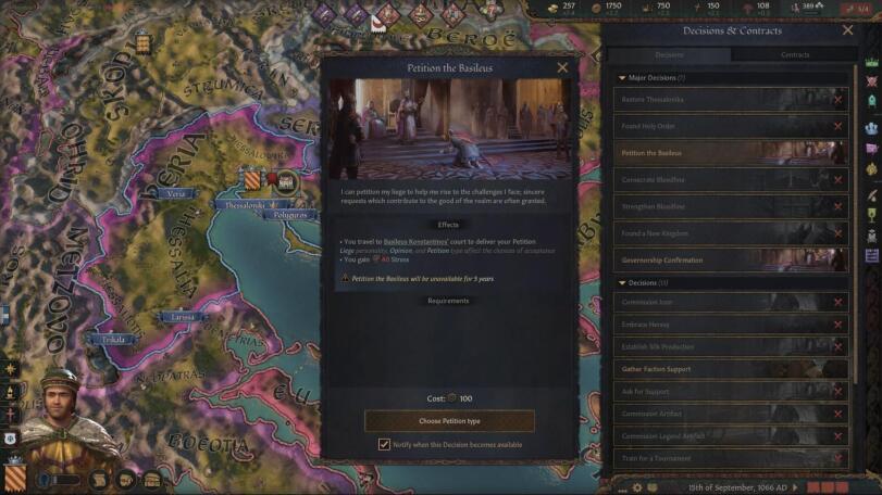 ﻿ÍWK a Decisions ^ L ontracts Decisions Contracts ▼ Major Decisions (7) Restore Tnessalomka Found Holy Order Petition the Basileus Consecrate Bloodline Strengthen Bloodline Found a New Kingdom Governorship Confirmation Decisions (13) Commission Icon Embrace Heresy Establish Silk