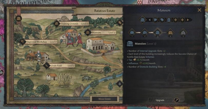 ﻿PAVri Batatzes Estate Training Grounds Level Mansion Improved Workshop Level Mansion Mansion (Level 3) • Number of Internal Upgrade Slots: +2 • Each level of this building increasingly reduces the Success Chance of hostile Raid Estate Schemes • Tax: +0.75/month • Influence: