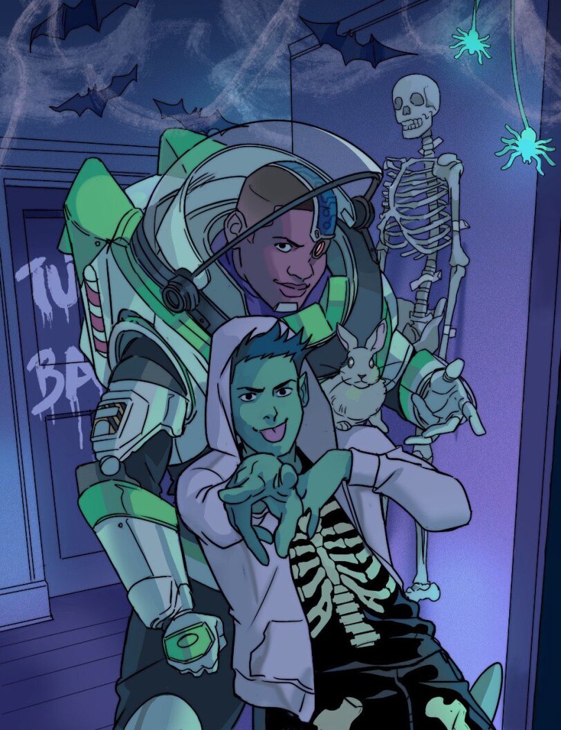 Cyborg (DC),Киборг, Виктор Стоун,DC Comics,DC Universe, Вселенная ДиСи,фэндомы,Raven (DC),Ворона, Рэйвен, Рэйчел Рот,Teen Titans,Юные Титаны,Robin,Робин, Чудо мальчик,Bat Family,Бэт семья,Starfire,Старфаер, Корианд'р,Beast Boy,Зверомальчик, Гарфилд Логан,Halloween,праздник,Gabriel