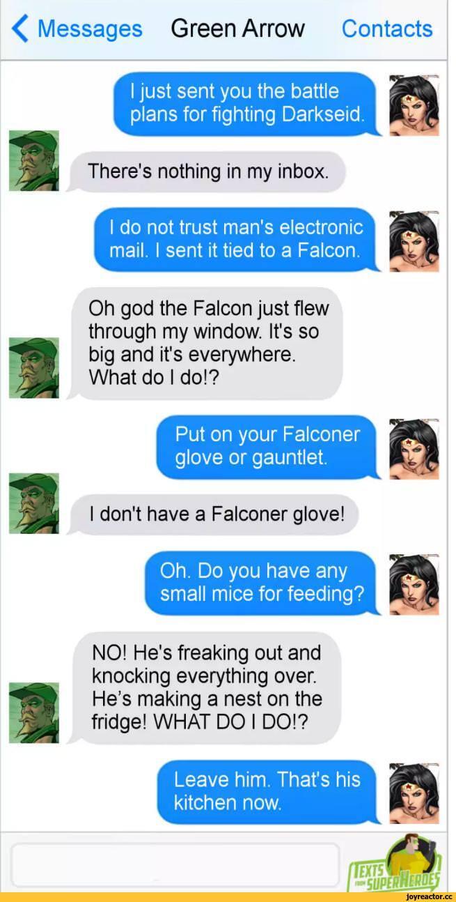 ﻿< Messages Green Arrow Contacts I just sent you the battle plans for fighting Darkseid There's nothing in my inbox. I do not trust man's electronic mail. I sent it tied to a Falcon. Oh god the Falcon just flew t through my window. It's so big and it's everywhere. What do I do!? Put on your