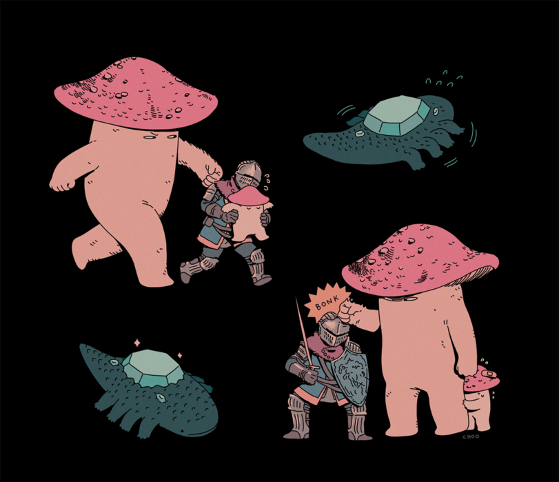 Dark Souls,фэндомы,Mushroom Parent,DS персонажи,Chosen Undead,Mushroom Child,Solaire of Astora,crystal lizard,artist,Choo,DS Bonfire