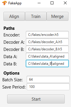 ﻿' i FakeApp □ X Align Train Merge Paths Encoder C:/fakes/encoder.h5 Decoder A: C:/fa kes/decoder_A.h 5 Decoder B: C:/fakes/decoder_B.h5 Data A: C:\fakes\data_A\aligned Data B: C:\fakes\data_Ej\aligned Options Batch Size: 64 Save Period: 100 Start,DeepFakes,нейросеть,нейронные