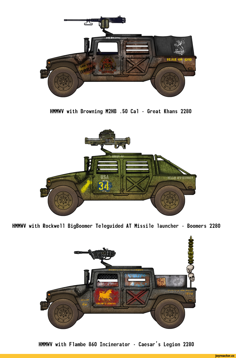 ﻿HMMWV with Browning M2HB .50 Cal - Great Khans 2280HMMWV with Rockwell BigBoomer Teleguided AT Missile launcher ■ Boomers 2280HMMWV with Flambe 860 Incinerator ■ Caesar's Legion 2280,Fallout,Фоллаут,фэндомы,penguin-commando,Fallout art,Brotherhood Of Steel,Братство Стали, BoS, ,Fallout