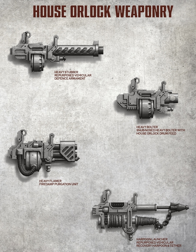 ﻿HOUSE DRLOGK WEAPONRY HEAVY FLAMER FIREDAMP PURGATION UNIT HEAVY BOLTER SNUB-NOSED HEAVY BOLTER WITH HOUSE ORLOCK DRUM FEED HARPOONLAUNCHER REPURPOSED VEHICULAR RECOVERY HARPOON & TETHER,House Orlock,Necromunda,Imperium,Империум,Warhammer 40000,wh40k, warhammer 40k, ваха, сорокотысячник,фэндомы