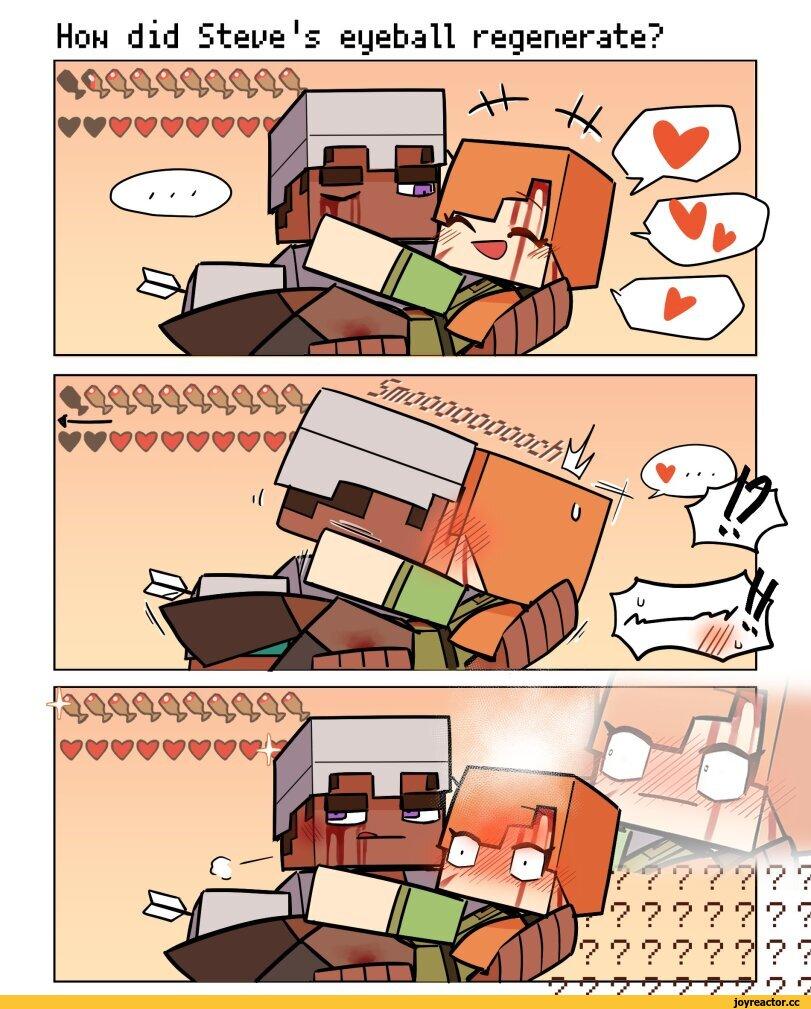 ﻿Hon did Steve's eyeball regenerate?,Katjamura,Minecraft,Игры,Alex (Minecraft),Steve (Minecraft),Игровой комикс