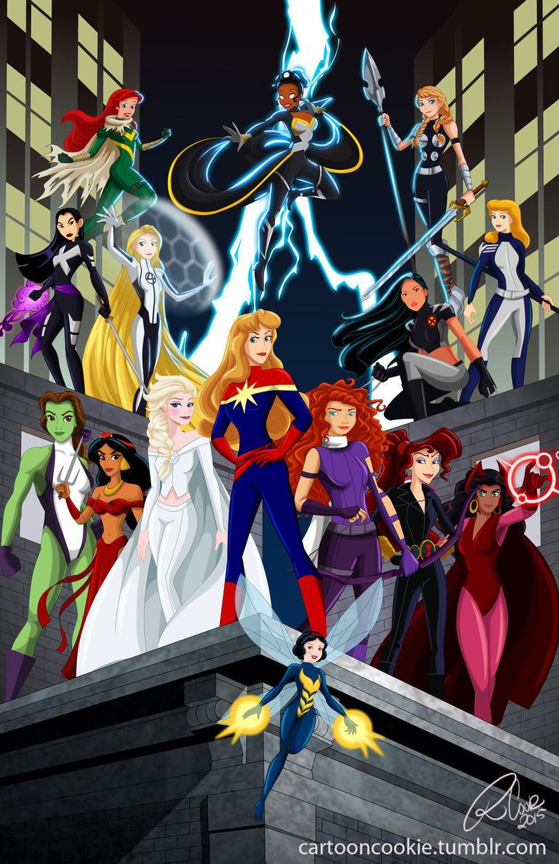 Marvel,Вселенная Марвел,фэндомы,Disney,crossover,Белоснежка (Дисней),Snow White,Спящая Красавица (Дисней),Sleeping Beauty,Elsa (Frozen),Frozen (Disney),Холодное сердце,Фильмы,Merida,Megara (Disney),Эсмеральда,Жасмин (Дисней),Belle,Рапунцель (Tangled),Мулан,Mulan,Покахонтас,Pocahontas,Золушка