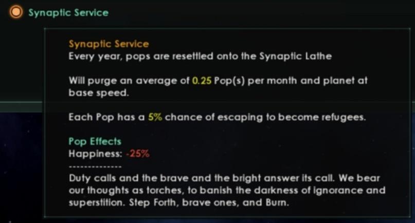﻿® Synaptic ServiceSynaptic ServiceEvery year, pop* are resettled onto the Synaptic LatheWill purge an average of 0.25 Pop(s) per month and planet at base speed.Each Pop has a 5% chance of escaping fo become refugees.Pop Effects Happiness: -25%Duty calls and the brave and the bright