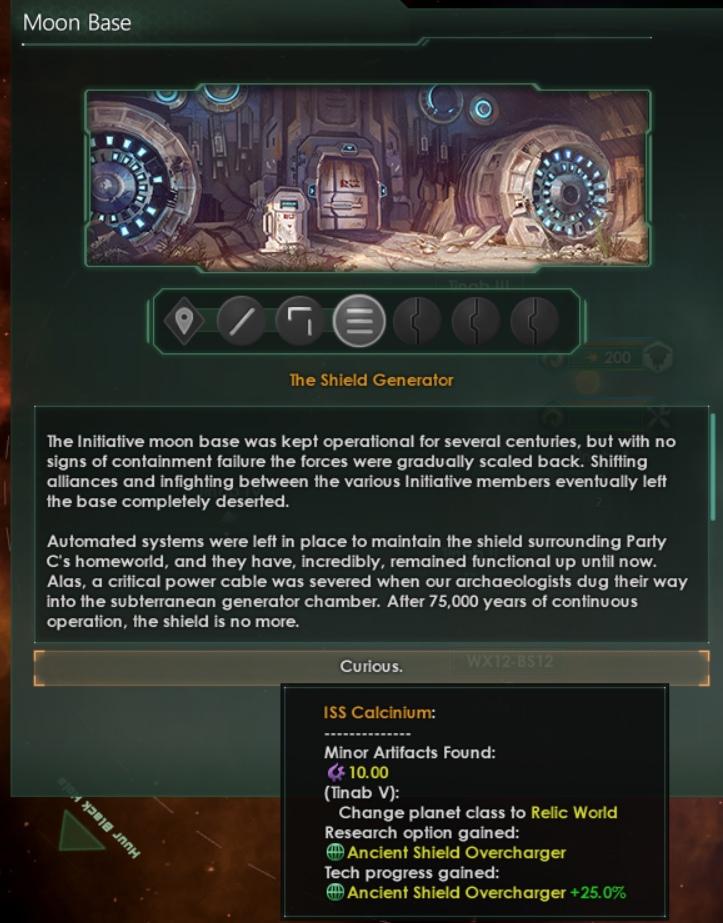 ﻿Moon Base The Shield Generator The Initiative moon base was kept operational for several centuries, but with no signs of containment failure the forces were gradually scaled back. Shifting alliances and infighting between the various Initiative members eventually left the base completely