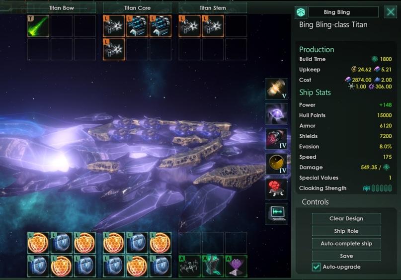 ﻿X ^ Bing Bling Bing Bling-class Titan Production Build Urne Upkeep Cost Ship Stats Powef Hull Points Armor Shields Evasion Speed Damage Special Values Cloaking Strength 1800 $24.62 ‘^-5.21 ^ 2874.00 A 200 ^-1.00 O 306.00 ♦ 148 15000 6120 7200 &0% 175 549.35/-*-1 *CÛÛÛÛ Controls Clear