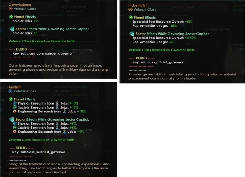 ﻿Commissioner (?) Veteran Class 9 Planet Effects: Soldier Jobs: *2 ■O Sector Effects While Governing Sector Capital: Soldier Jobs: *1 Veteran Class focused on Governor Traits ...DEBUG...... key: subclass_commander_govemor Commissioners specialize In imposing order through force, governing