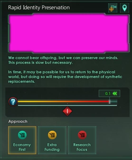 ﻿Rapid Identity PreservationfryrWe cannot bear offspring, but we can preserve our minds. This process is slow but necessary.In time, it may be possible for us to return to the physical world, but doing so will require the development of synthetic replacements.T	—__________________i_I
