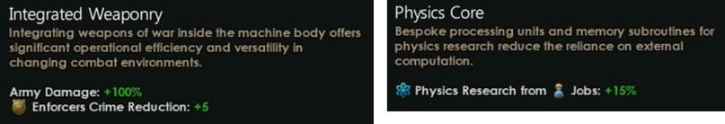 Stellaris Dev Diary,Stellaris,Игры Integrated WeaponryIntegrating weapons ot war inside the machine body otters significant operational efficiency and versatility in changing combat environments.Army Damage: *-100%W' Entorcers Crime Reduction: +5Physics CoreBespoke processing units and memory subroutines for physics