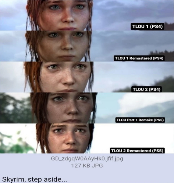 ﻿TLOU 1 Remastered (PS4) TLOU Part 1 Remake (PS5) TLOU 2 Remastered (PS5) GD_zdgqWOAAyHk0.jfif.jpg 127 KB JPG Skyrim, step aside...,The Last of Us,Игры,ремастер,ремейк
