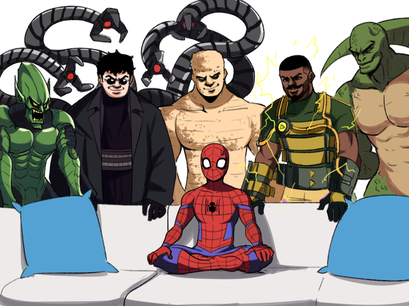TinaFate1,Tuna Fat,artist,Marvel,Вселенная Марвел,фэндомы,Spider-Man,Человек-паук, Дрюжелюбный сосед, Спайди, Питер Паркер,Green Goblin,Зеленый гоблин, Норман Озборн,Doctor Octopus,Доктор Осьминог, Отто Октавиус,Sandman (Marvel),Песочный человек, Флинт Марко, Уильям Бейкер ,Elektra,Электра