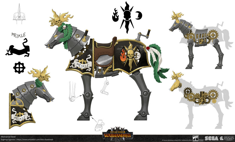 ﻿ВНЕ Warhammer roTAjLWÁR^ ^ ' 4 ü*>—-u л »am Ja* *. . i uvl JL/UYIi»muIV Mechanical Steed % 9 A ^ Jr ЧС|^« ^ V Evgeniya Egorova | https://www.artstation.com/two-shadowed CREATIVE ASSEMBLY OFFICIALLY LICENSED © Games Workshop Limited 2024. Published by SEGA,Total War Warhammer,FB