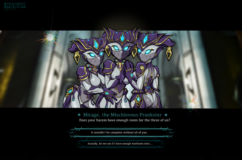 ﻿• Mirage, the Mischievous Prankster • Does your harem have enough room for the three of us? It wouldn't be complete without all of you. Actually, let me see if I have enough warframe slots.,Warframe,Игры,Helltaker,Helltaker x Warframe,crossover,Valkyr (Warframe),Valkyr Prime, Валькирия ,Ivara