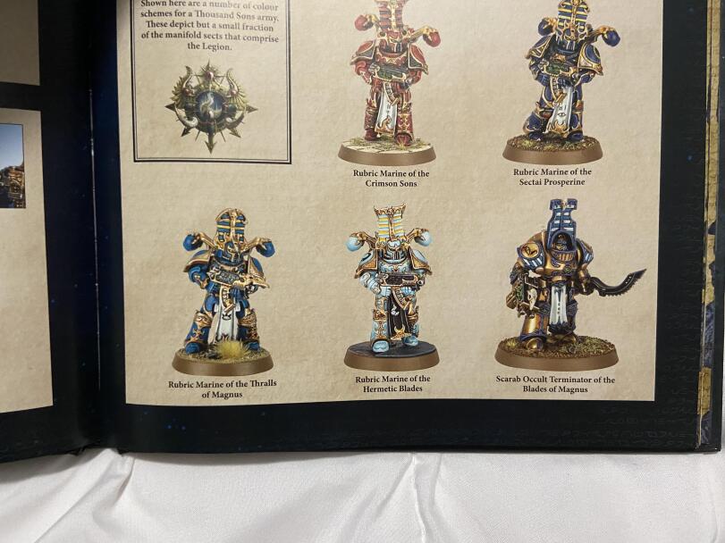 ﻿Shown here arc a nuio , oi coUn r schemes for a Thousand Sons army. These depict but a small fraction of the manifold sects that comprise the Legion. Rubric Marine of the Thralls of Magnus Rubric Marine of the Sectai Prosperine Rubric Marine of the Crimson Sons Scarab Occult Terminator of the