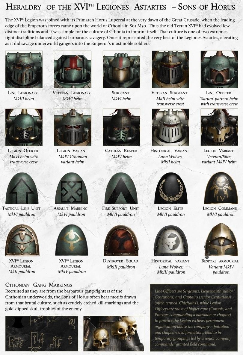 ﻿Heraldry of the XVI™ Legiones Astartes - Sons of Horus The XVIth Legion was joined with its Primarch Horus Lupercal at the very dawn of the Great Crusade, when the leading edge of the Emperor’s forces came upon the world of Cthonia in 801.M30. Thus the old Terran XVIth had evolved few distinct