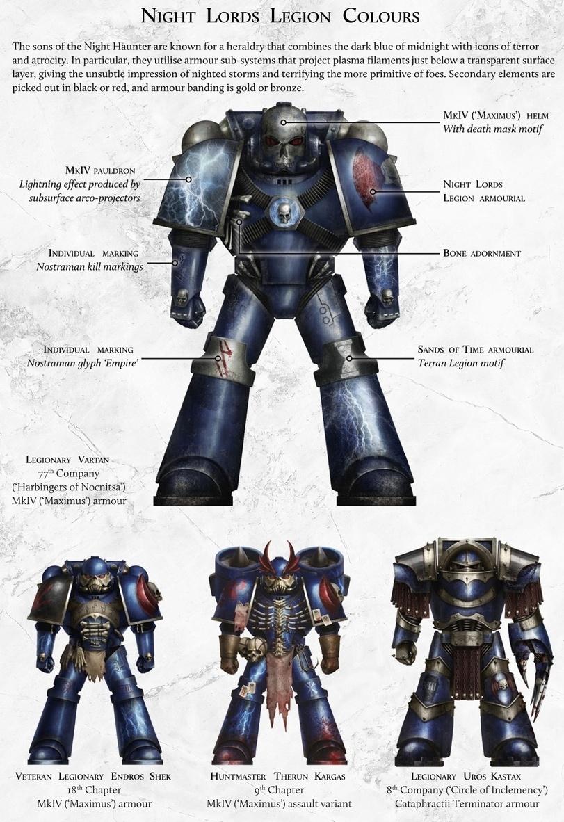 ﻿Night Lords Legion Colours Veteran Legionary Endros Shek 18th Chapter MkIV (‘Maximus’) armour Huntmaster Therun Kargas 9,h Chapter MkIV (‘Maximus’) assault variant Legionary Uros Kastax 8th Company (‘Circle of Inclemency’) Cataphractii Terminator armour The sons of the Night Haunter are