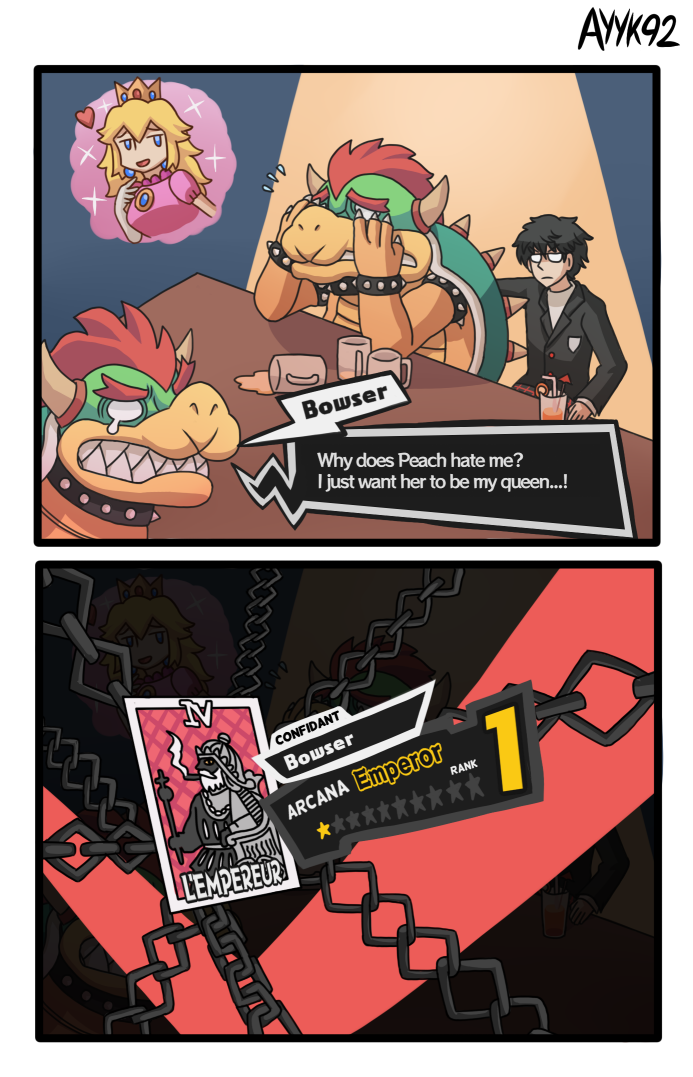 amamiya ren,Persona,Игры,Persona 5,Bowser,Марио,Princess Peach,crossover,Bowser Jr.