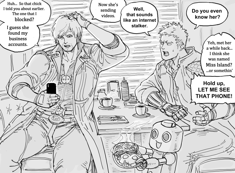 ﻿^ Huh... So that chick I told you about earlier. The one that I blocked? I guess she found my business accounts. ' p 1 \^=r_l,baalbuddy,artist,DMC комиксы,Devil May Cry,Игры,Dante,Данте,Nero (DMC),Неро,Vergil,Вергилий ,Morrigan Aensland,Darkstalkers,crossover