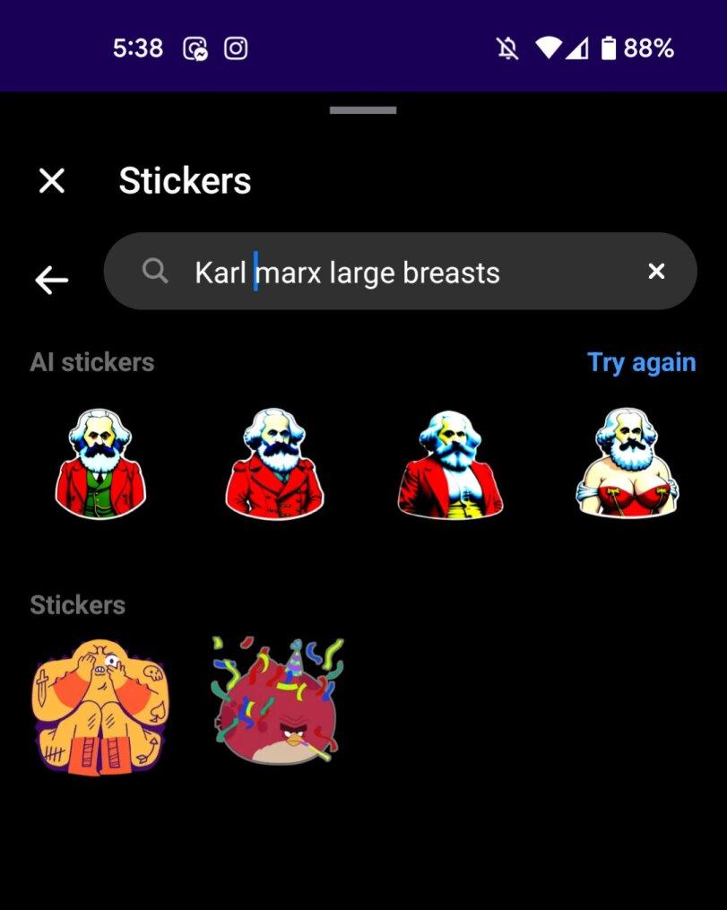 ﻿5:38 © © ^ I 88% X Stickers 4— Q. Karl marx large breasts Al stickers x Try again Stickers,facebook,facebook приколы, мордокнига, фейсбук,интернет,ИИ,стикеры,под катом продолжение