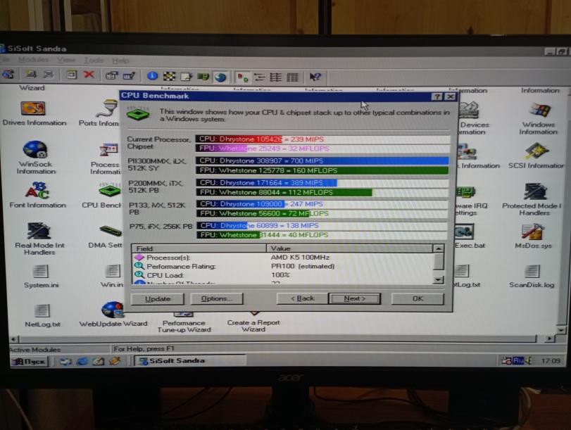 ﻿Took HHp x (=§* ö Ä- J ^ Jl •о ^ Wizard CPU Benchmark. Drives Information Ports Inforn mat ion Information This window shows how your CPU & chipset stack up to other typical combinations in a Windows system. m WinSock Information Current Processor, Chipset Process PI|300MMX, IX.