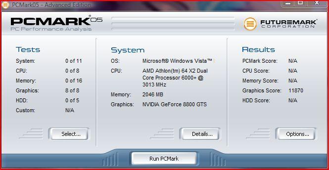 ﻿PC Performance Analysis D5 FUTUREMARK CORPORATION Tests System: Oof 11 CPU: 0 of 8 Memory: Oof 16 Graphics: 8 of 8 HDD: Oof 5 Custom: N/A System OS: Microsoft© Windows Vista™ CPU: AMD Athlon(tm) 64 X2 Dual Core Processor 6000+ @ 3013 MHz Memory: 2046 MB Graphics: NVIDIA GeForce